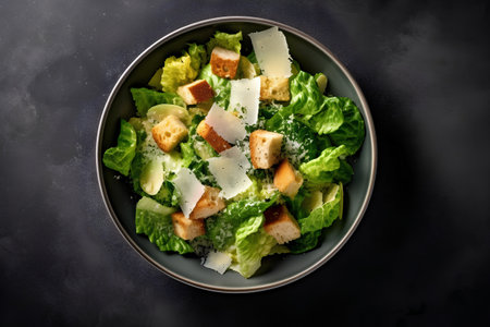 Caesar salad with parmesan cheese and croutons on dark backgroundの素材