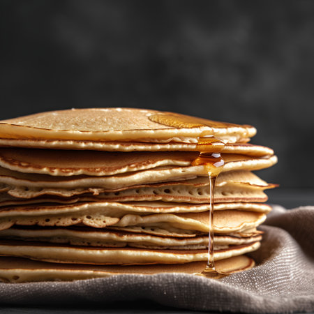 Stack of pancakes with maple syrup on a black background, close-up.の素材