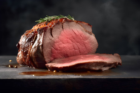 Sliced roast beef with rosemary and spices on a black backgroundの素材