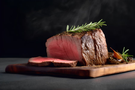 Steak with rosemary on a wooden board. Black background.の素材