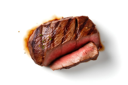 roast beef steak isolated on white background with clipping path, top viewの素材