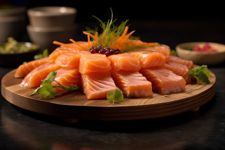 Salmon sashimi served on a wooden board on black backgroundの素材