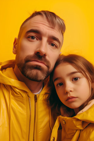 Portrait of a father and daughter in yellow jackets on a yellow background.の素材
