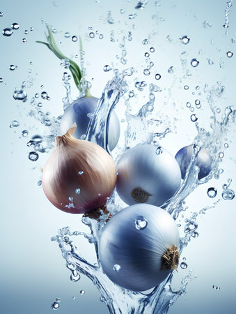 Fresh onions falling into water with splash on blue background, closeupの素材
