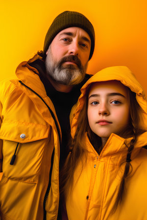Father and daughter in a yellow jacket and hats on a yellow backgroundの素材