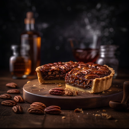 Pecan nut tart on wooden background. Selective focus.の素材