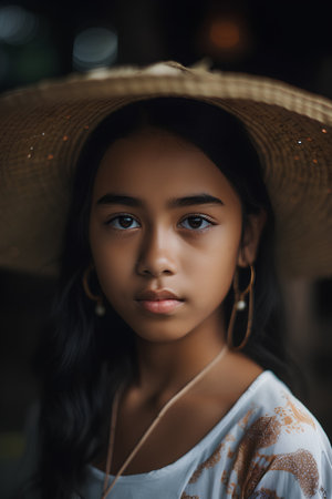 portrait of beautiful african american girl in straw hat looking at cameraの素材