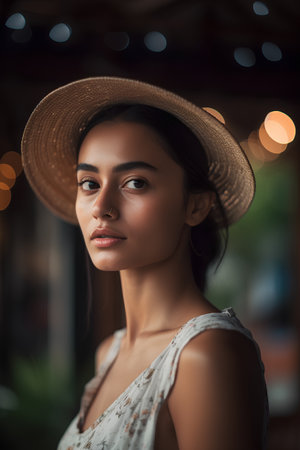 Portrait of a beautiful young woman in hat looking at camera.の素材