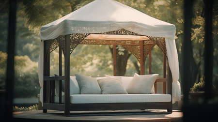 Outdoor gazebo with pillows in the garden.の素材