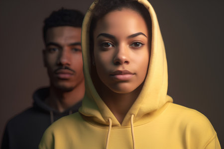 Young african american man and woman in hoodie looking at cameraの素材