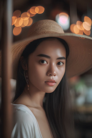Portrait of beautiful asian woman wearing hat in a cafe.の素材