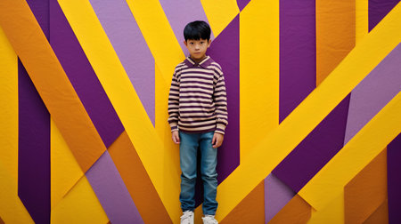 Full length portrait of a boy looking at camera while standing against colorful backgroundの素材