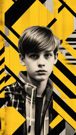 Portrait of a boy in a plaid shirt on a yellow background.の素材