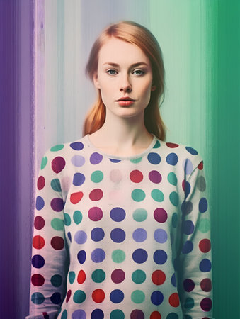 Beautiful redhead girl in polka dot dress. Studio shot.の素材