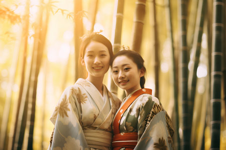 Portrait of two kimono girls in the bamboo forest.の素材