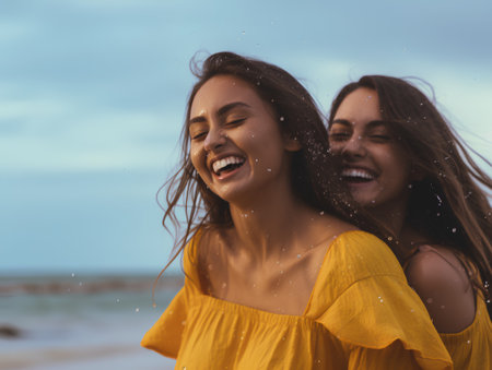 Two young women laughing and having fun on the beach. Close upの素材