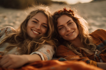 Portrait of two young beautiful women sitting on the beach at sunsetの素材