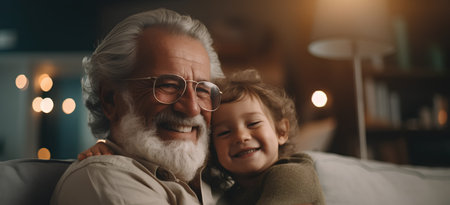 Portrait of a cute little girl with her grandfather at home.の素材