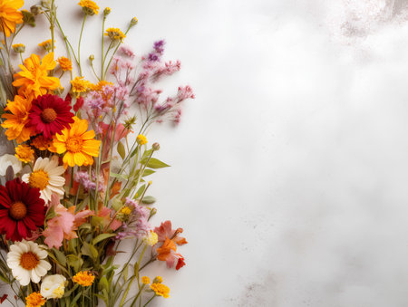 Bouquet of wildflowers on a white background with copy spaceの素材