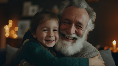 Portrait of a grandfather with his granddaughter at home. Grandfather and granddaughter are hugging and smiling.の素材