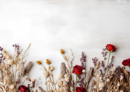 Flowers composition. Dried flowers on white wooden background. Flat lay, top view, copy spaceの素材
