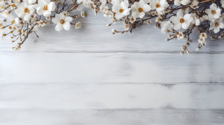 Magnolia flowers on white wooden background with copy space, flat layの素材