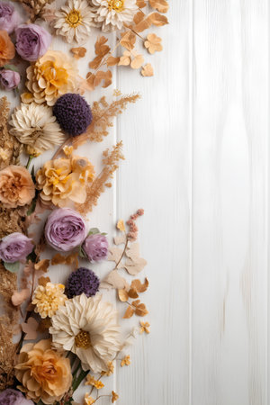 Flowers composition. Frame made of dried flowers on white wooden background. Flat lay, top view, copy spaceの素材