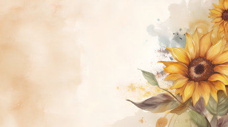 Watercolor floral background with sunflowers and leaves. Hand drawn illustrationの素材