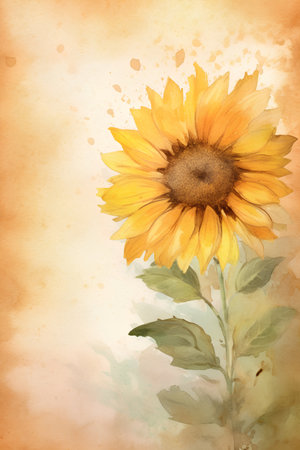 Sunflower on old paper background. Watercolor painting. Hand drawn illustration.の素材