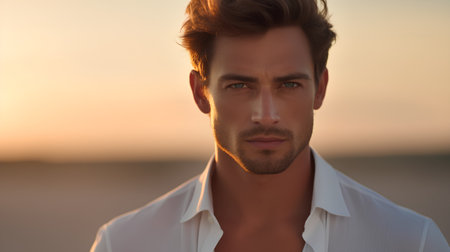 Handsome young man in white shirt on the beach at sunsetの素材