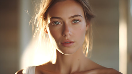 Portrait of a beautiful young woman with blue eyes and blond hairの素材