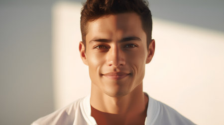 Handsome young man in white shirt looking at camera and smilingの素材