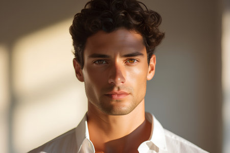 Portrait of handsome young man in white shirt looking at camera.の素材
