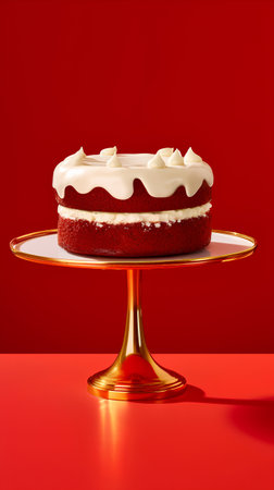 A 3d render of a red velvet cake on a golden stand with a red backgroundの素材