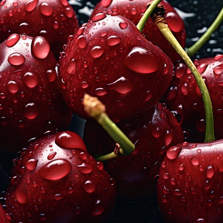 Ripe red cherries with water drops on a dark background.の素材