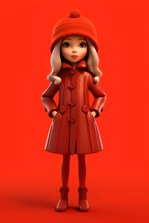 3D Illustration of a Little Girl in a Red Winter Coatの素材