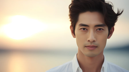 Portrait of handsome asian man looking at camera on sunset backgroundの素材
