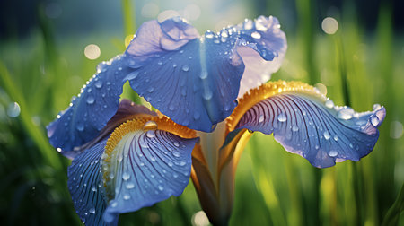 Beautiful iris flowers with dew drops in the morning.の素材