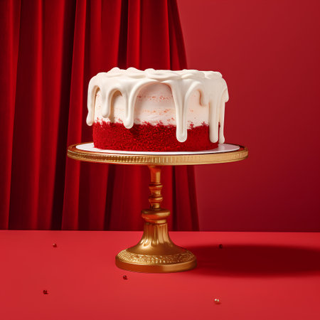 3d render of red velvet velvet cake with white frosting on golden stand on red curtain backgroundの素材