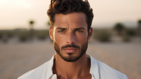 Portrait of a handsome young man on the beach. Men's beauty, fashion.の素材