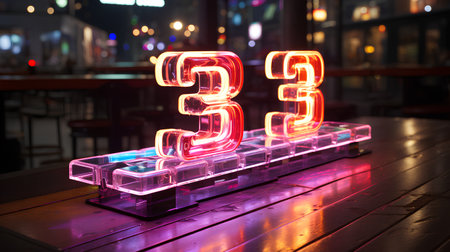 Glowing neon 3D font on a wooden table in a restaurantの素材