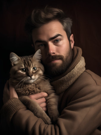 Handsome bearded man with a cat in his arms on a dark backgroundの素材
