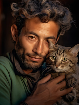 Portrait of a handsome man with a cat in his arms.の素材