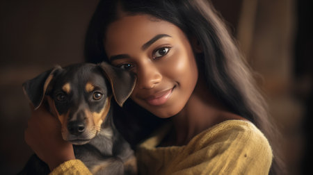Portrait of a beautiful young woman with dachshund puppyの素材