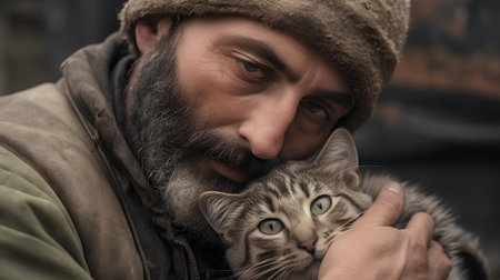 Portrait of a homeless man with a cat in his arms.の素材