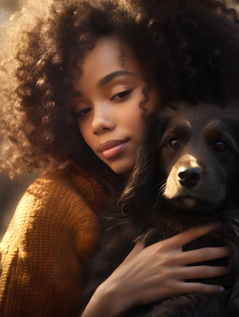 Beautiful african american woman with long curly hair and black dogの素材