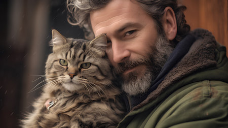 Portrait of a bearded man with a cat in his arms.の素材