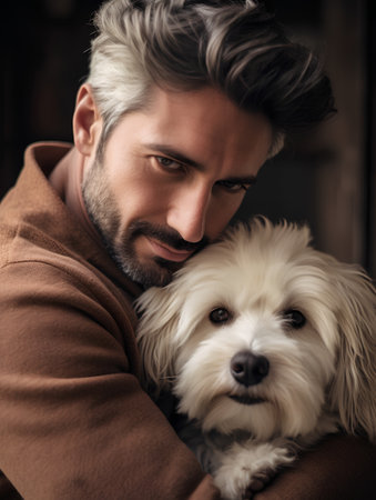 Portrait of a handsome young man with his dog at home.の素材