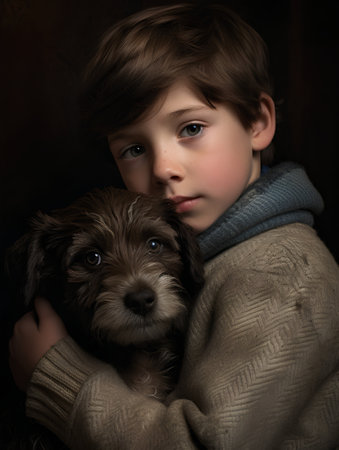 Portrait of a little boy with a dog. Studio shot.の素材