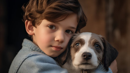 Portrait of a boy with a puppy of the Australian Shepherd.の素材